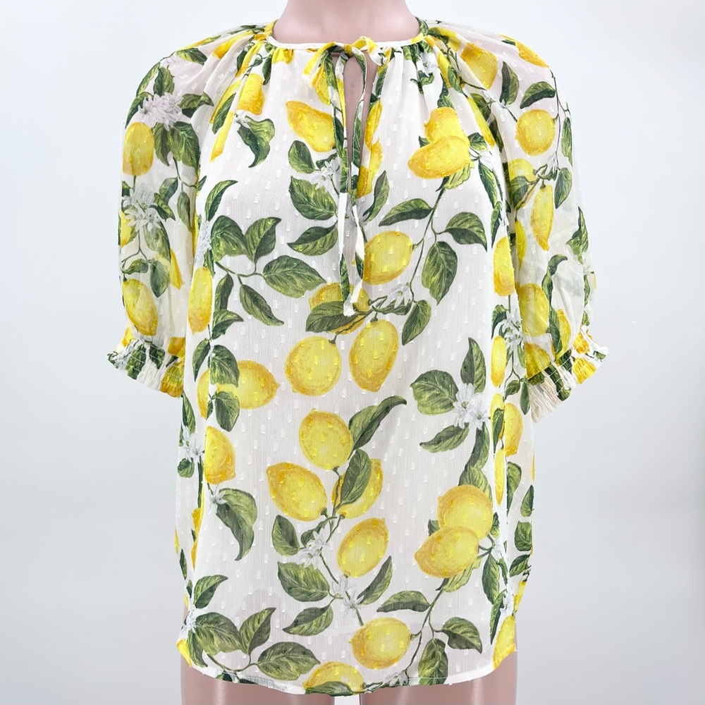 NWT Rachel Zoe Swiss Dot Lemon Puff Sleeve Keyhole Front Tie Blouse Top - Small